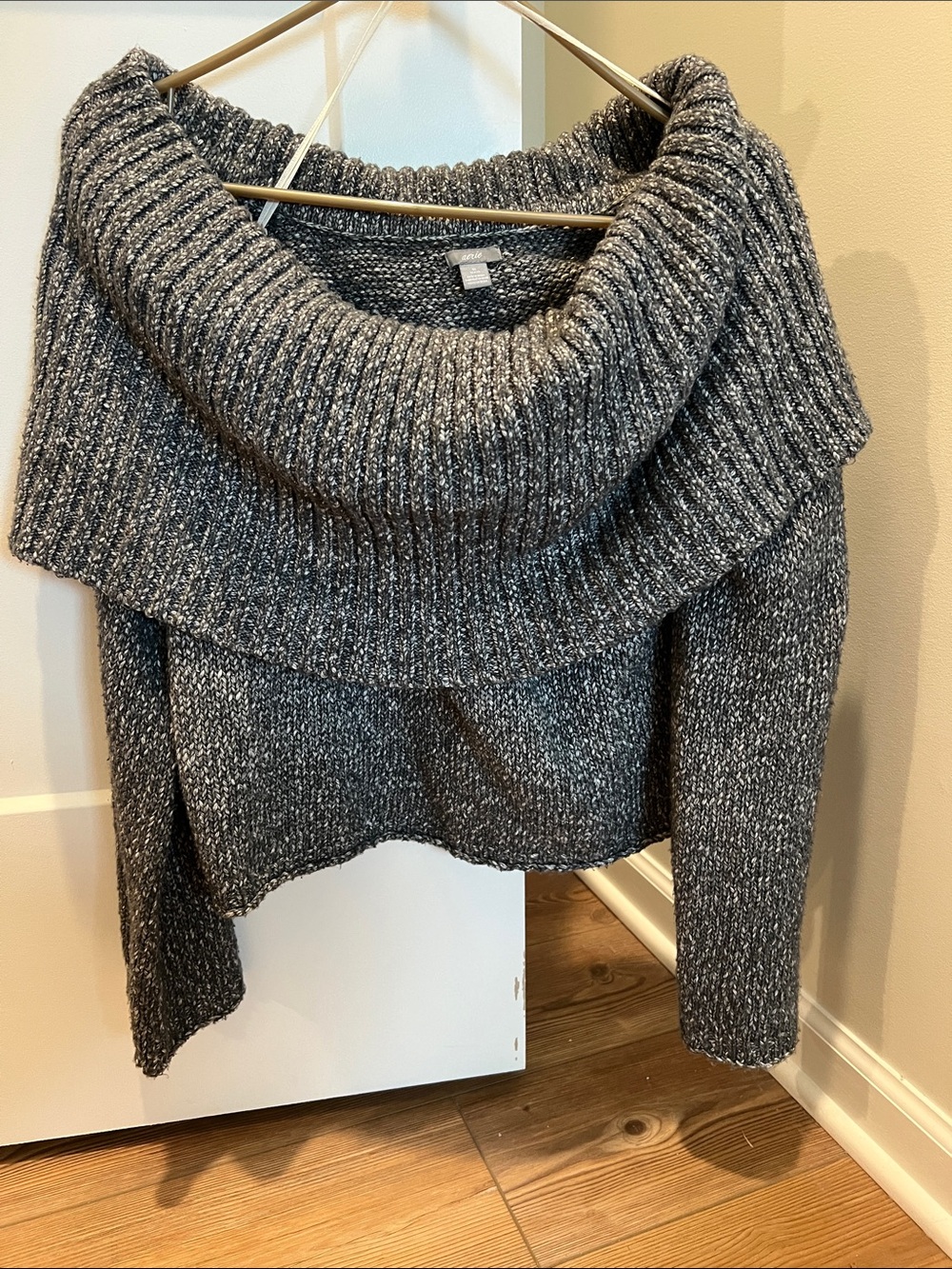 aerie Marled Gray Off-Shoulder Cowl Neck Sweater